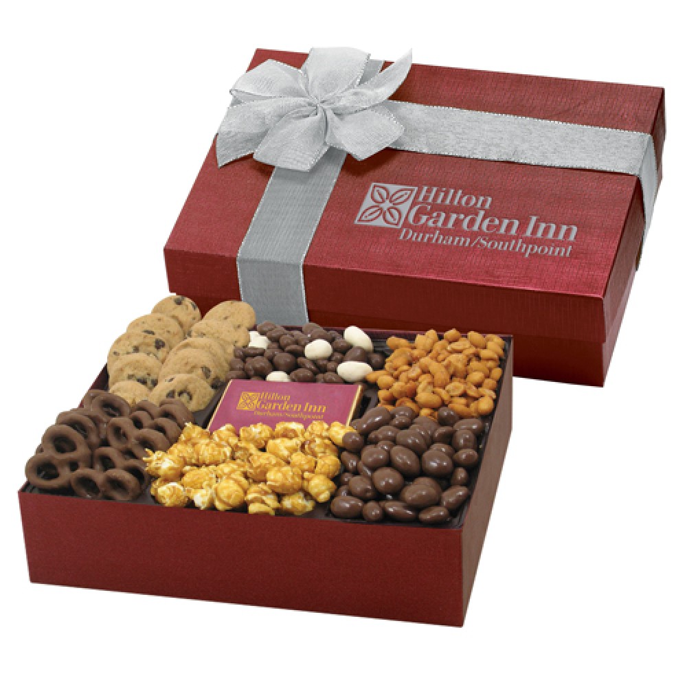 6 Way Deluxe Gift Box with Chocolate Bar - Delectable Snack Selection Custom Imprinted 6 Way Deluxe Gift Box with Chocolate Bar - Delectable Snack Selection Custom Imprinted