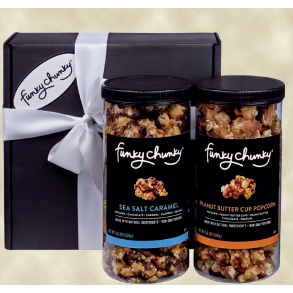 Funky Chunky Salty Sweet Duo: Sea Salt Caramel Popcorn & Peanut Butter Cup Logo Branded