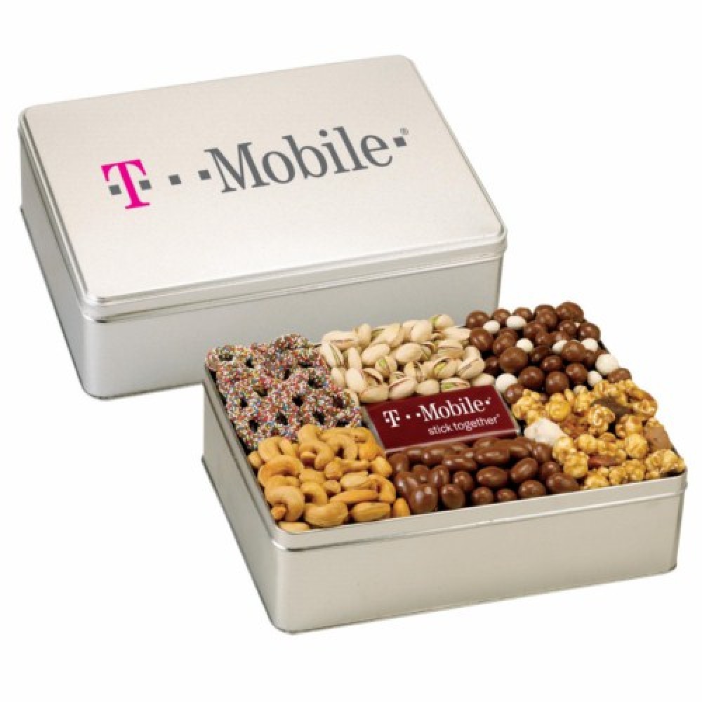 Promotional 6 Way Deluxe Gift Tin with Chocolate Bar - Savory Delight Promotional 6 Way Deluxe Gift Tin with Chocolate Bar - Savory Delight