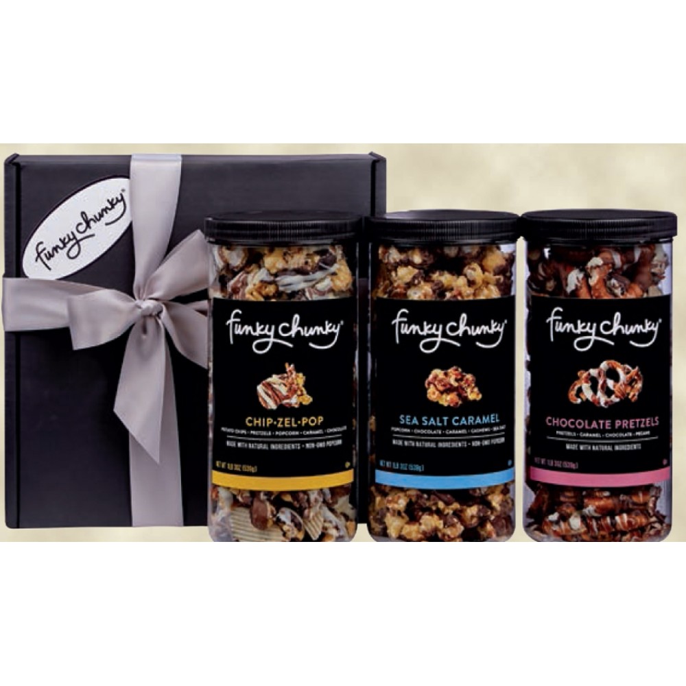 Triple Flavor Gift Pack w/Sea Salt Caramel Popcorn, Nutty Choco Pop & Peanut Butter Cup Popcorn Custom Imprinted Triple Flavor Gift Pack w/Sea Salt Caramel Popcorn, Nutty Choco Pop & Peanut Butter Cup Popcorn Custom Imprinted