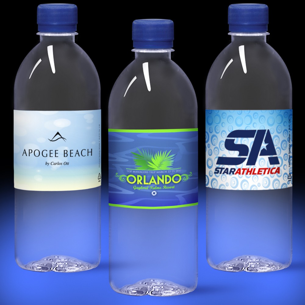 16.9 oz. Custom Labeled Water in Clear Bullet Bottle w/Blue Cap Logo Branded