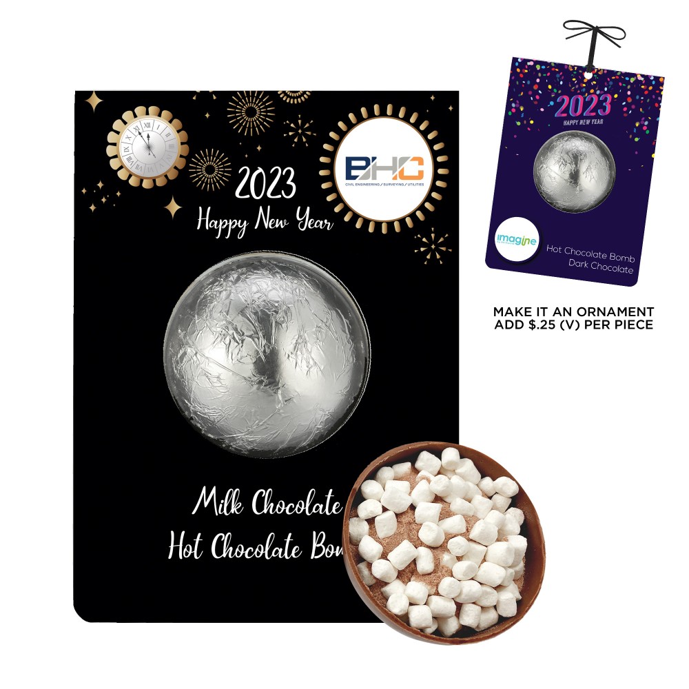 Promotional New Years Hot Chocolate Bomb Billboard Card - Milk Chocolate Promotional New Years Hot Chocolate Bomb Billboard Card - Milk Chocolate