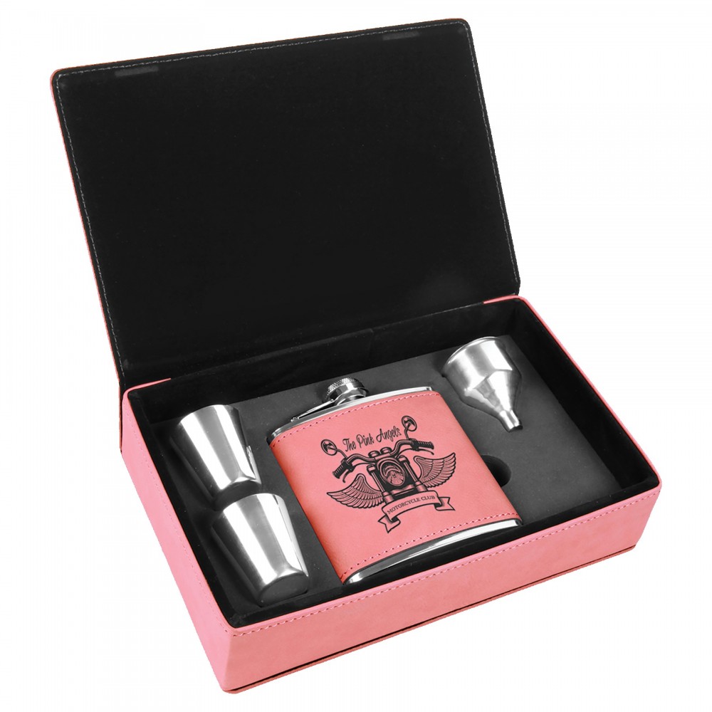 6 oz. Pink Laserable Leatherette Flask Gift Set Custom Printed 6 oz. Pink Laserable Leatherette Flask Gift Set Custom Printed
