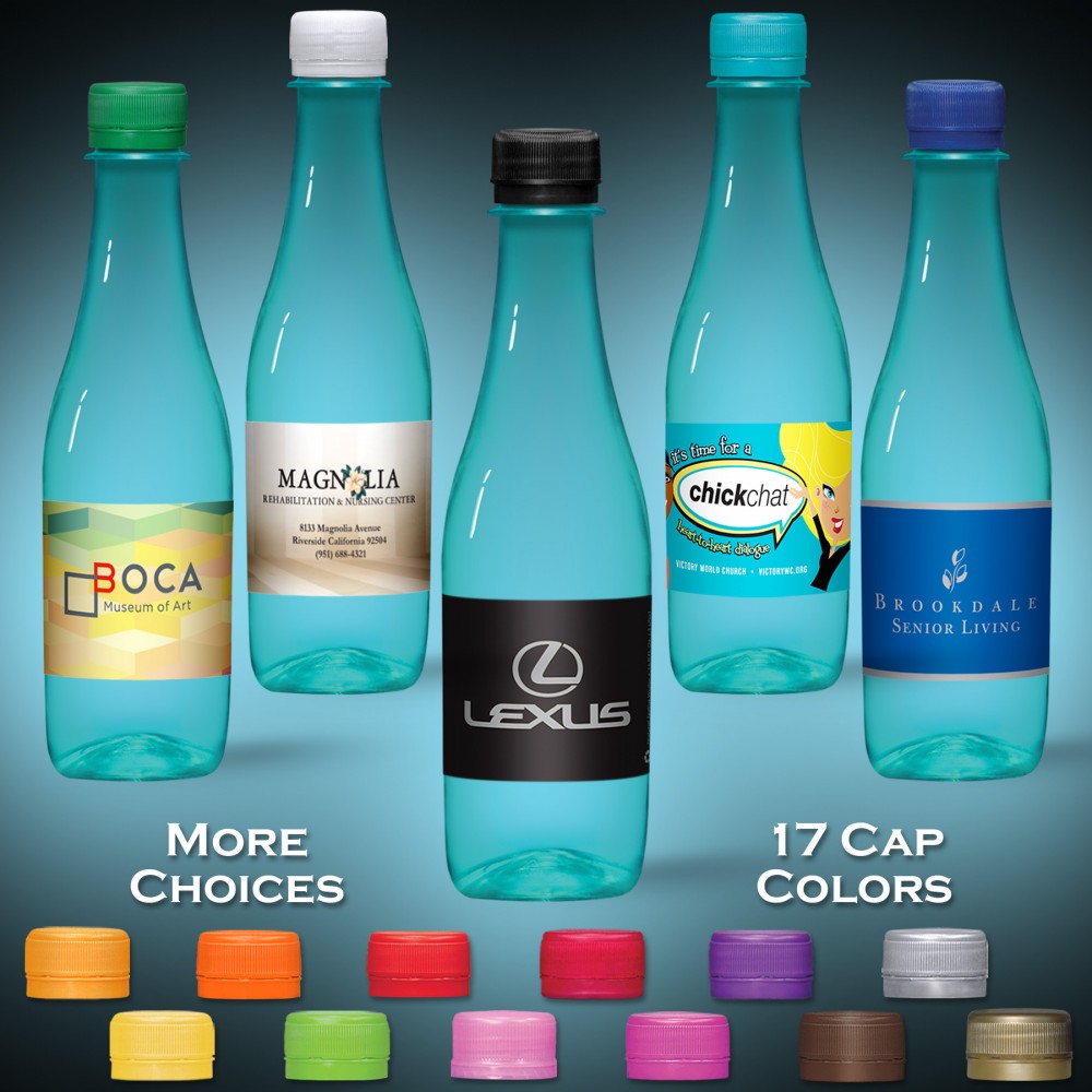 Custom Imprinted 12 oz. Spring Water Full Color Label, Turquoise Glastic Bottle w/Flat Cap Custom Imprinted 12 oz. Spring Water Full Color Label, Turquoise Glastic Bottle w/Flat Cap