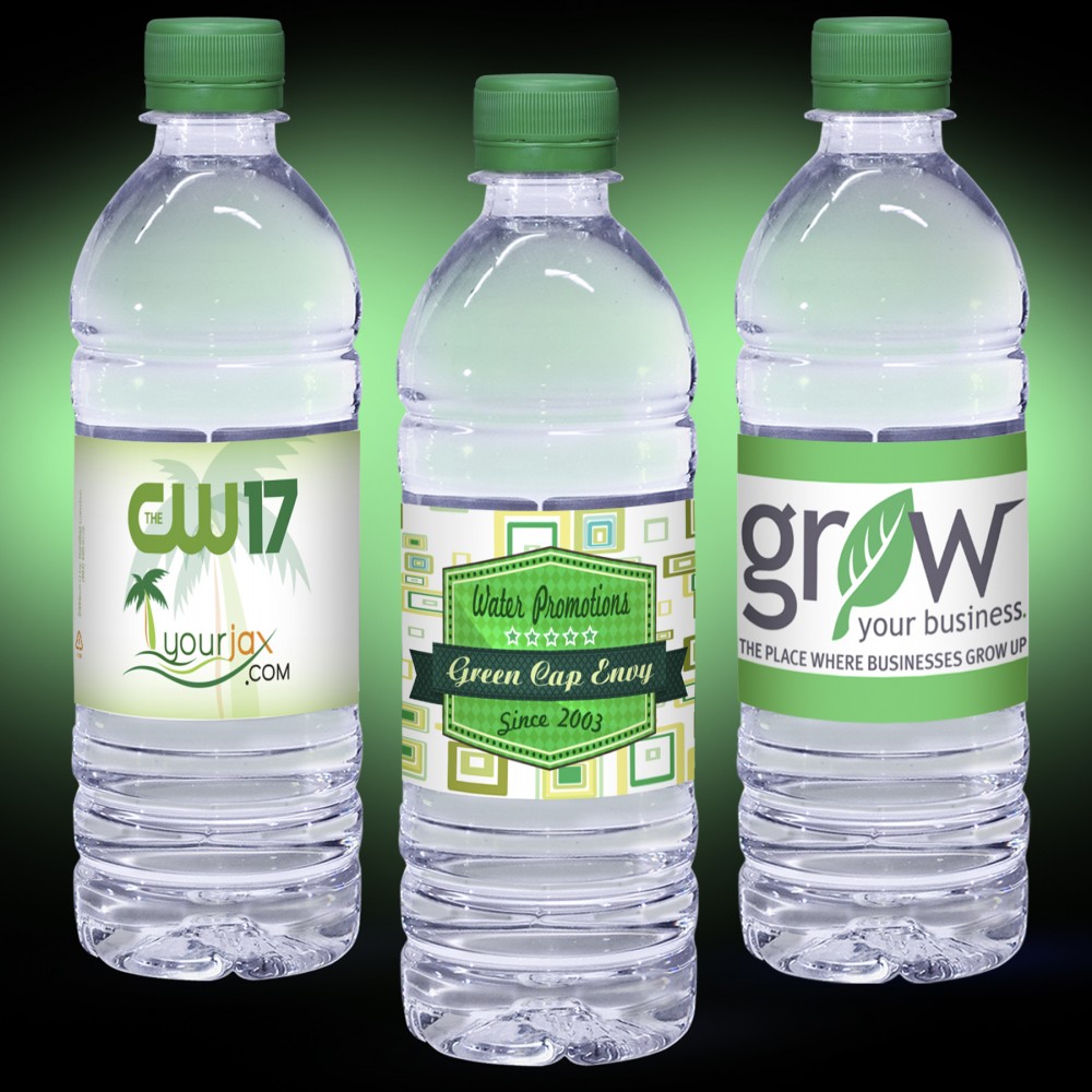 Custom Printed 16.9oz. Custom Label Water w/Green Flat Cap - Clear Bottle