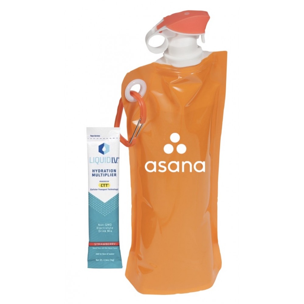 Custom Imprinted Orange Foldable 27 Oz. Water Bottle w/Liquid IV Stick