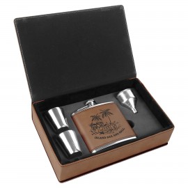 6 oz. Dark Brown Laserable Leatherette Flask Gift Set Logo Branded