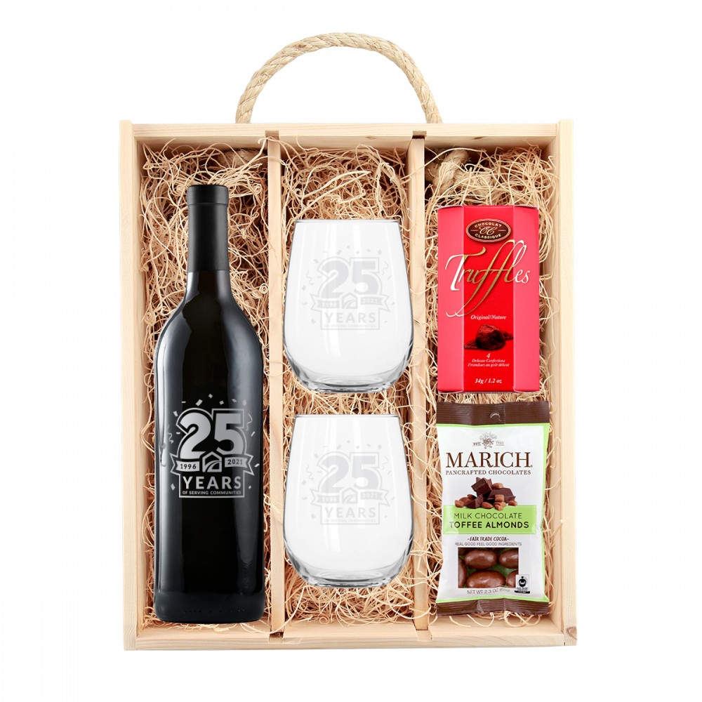 Rustic Laser Engraved Wood Box w/ Etched Wine, Etched Glasses & Chocolates Logo Branded