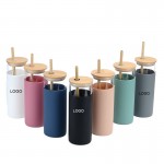 Promotional Silicone Sleeve Glass Tumbler With Bamboo Lid And Bamboo Straw