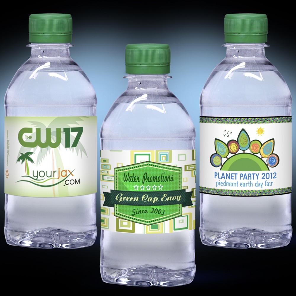 12 oz. Custom Label Water w/Green Flat Cap - Clear Bottle Custom Printed