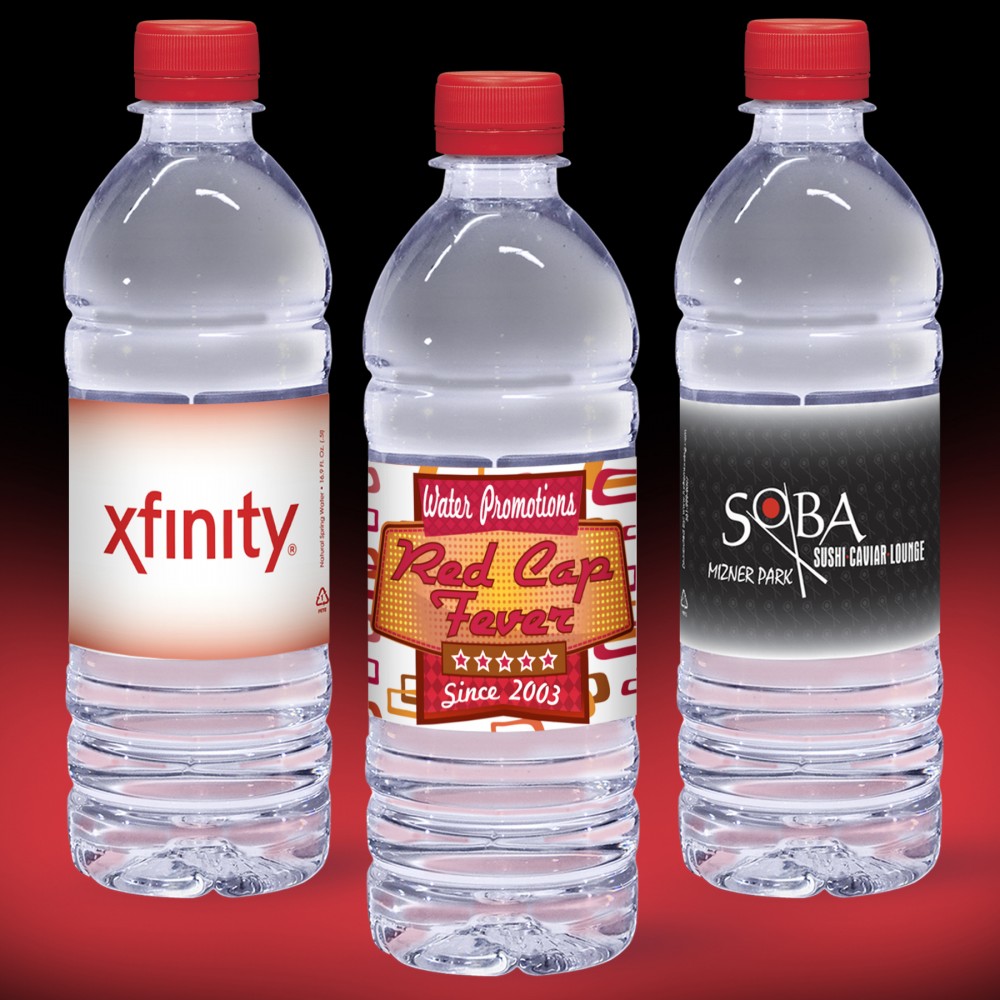 16.9oz. Custom Label Water w/Red Flat Cap - Clear Bottle Custom Printed