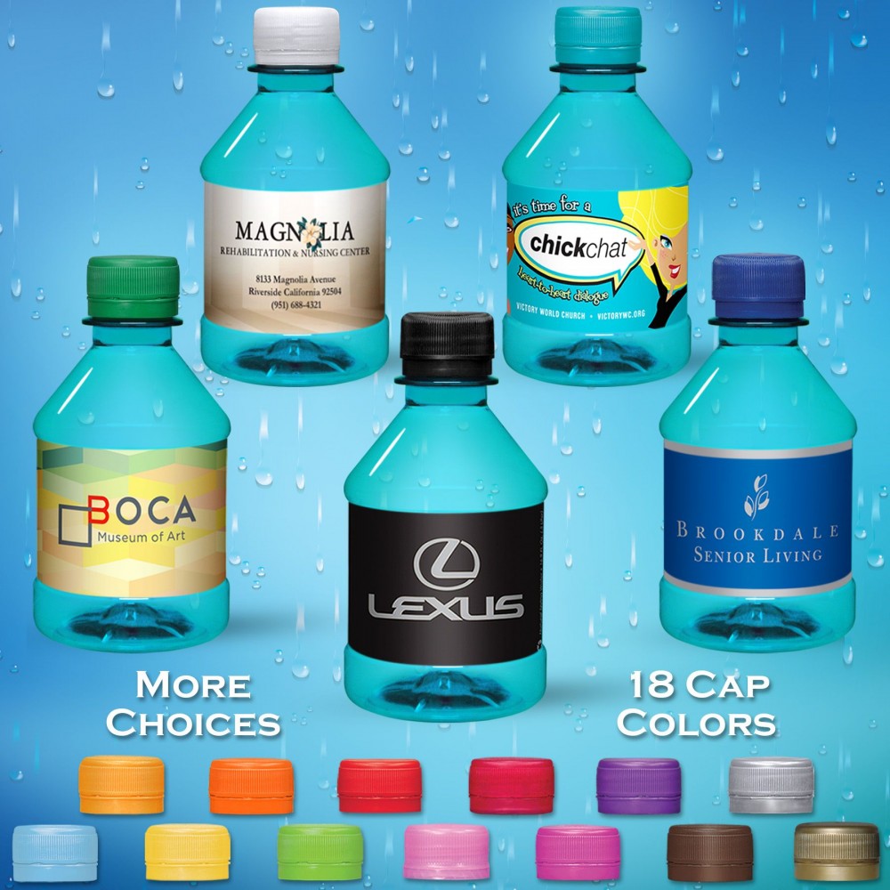 Custom Imprinted 8 oz. Custom Label Spring Water w/Flat Cap - Turquoise Tinted Bottle Custom Imprinted 8 oz. Custom Label Spring Water w/Flat Cap - Turquoise Tinted Bottle