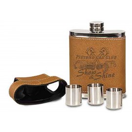 7 oz. Leather Flask with Lid & 3 Shot Glasses Custom Printed