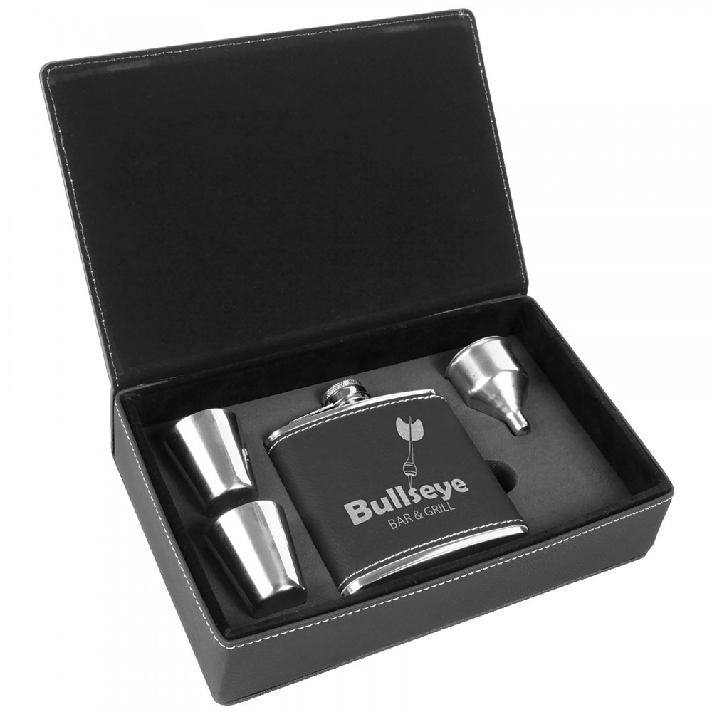 Logo Branded 6 oz. Black/Silver Laserable Leatherette Flask Gift Set Logo Branded 6 oz. Black/Silver Laserable Leatherette Flask Gift Set