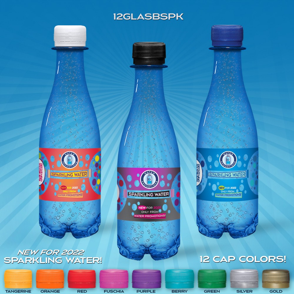 12 oz. Sparkling Water with Full Color Label, Blue Glastic Bottle Custom Printed