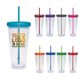 16 Oz. Tumbler Plastic Cup w/ Colored Straw & Colored Lid Custom Logo Custom Printed