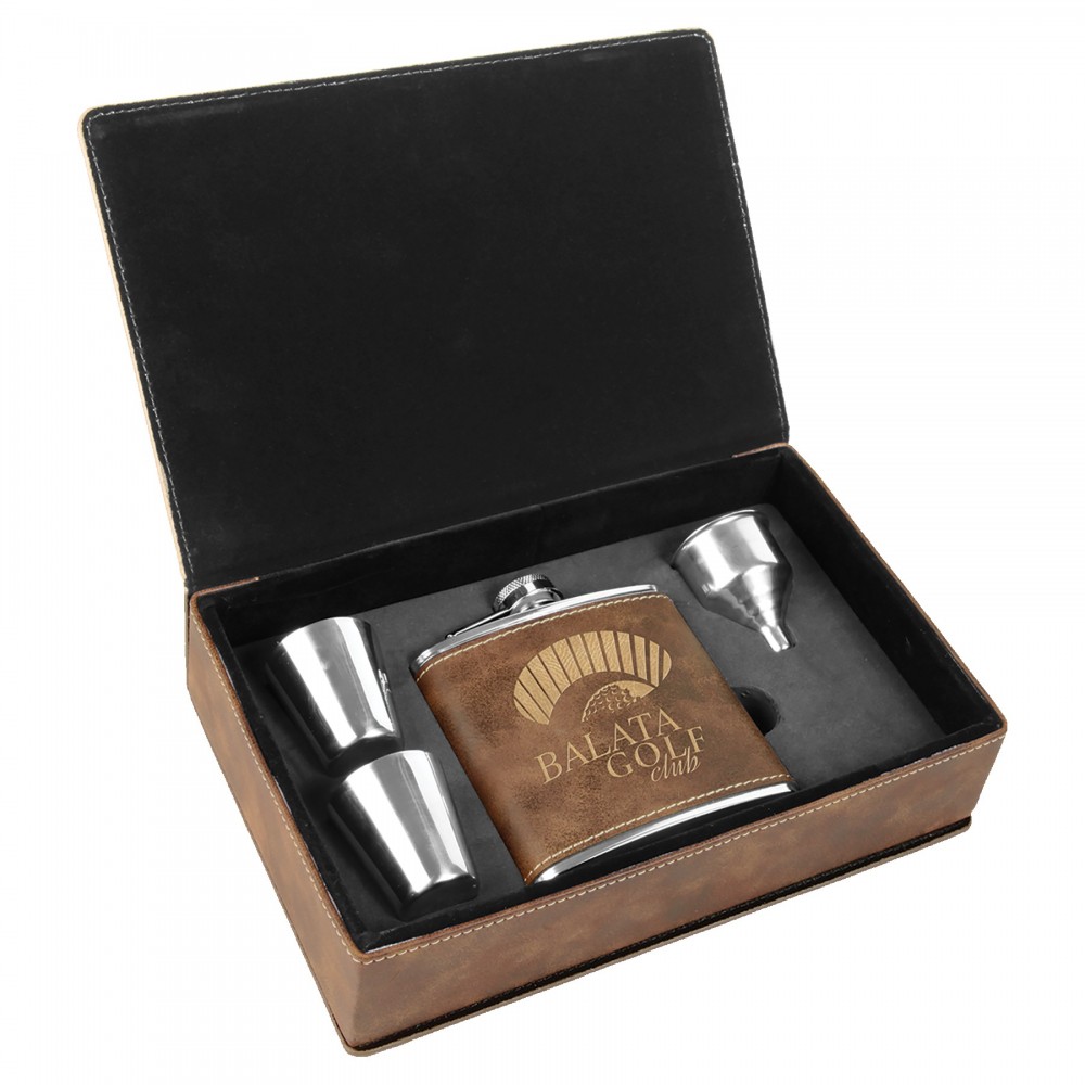 Logo Branded 6 oz. Rustic/Gold Laserable Leatherette Flask Gift Set
