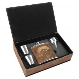 Logo Branded 6 oz. Rustic/Gold Laserable Leatherette Flask Gift Set