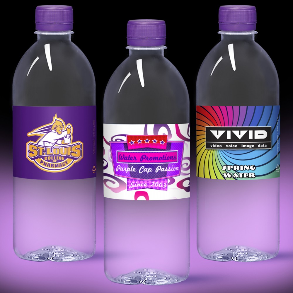 Promotional 16.9 oz. Custom Labeled Water in Clear Bullet Bottle w/Purple Cap