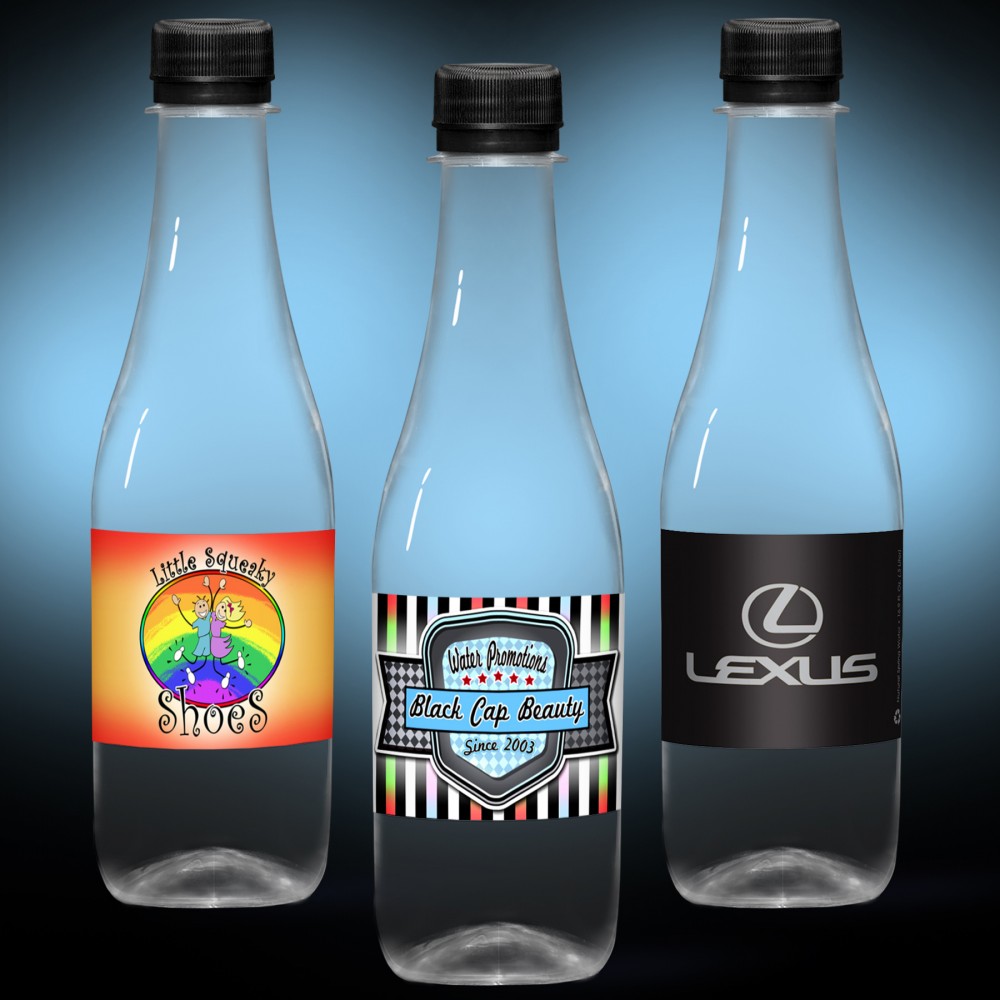 Custom Printed 12oz. Water Full Color Label, Clear Glastic Bottle w/Black Cap