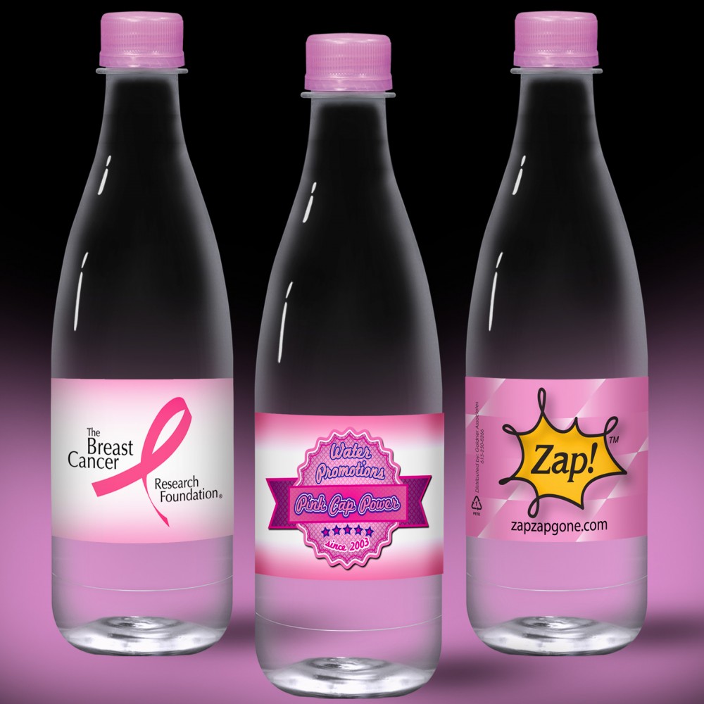 16.9 oz. Spring Water Full Color Label, Clear Glastic Bottle w/Pink Cap Logo Branded 16.9 oz. Spring Water Full Color Label, Clear Glastic Bottle w/Pink Cap Logo Branded