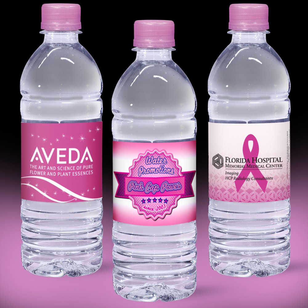Custom Imprinted 16.9 oz. Custom Label Spring Water w/Pink Flat Cap - Clear Bottle Custom Imprinted 16.9 oz. Custom Label Spring Water w/Pink Flat Cap - Clear Bottle