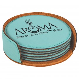 4" Teal Blue Round Laserable Leatherette 6-Coaster Set Custom Imprinted