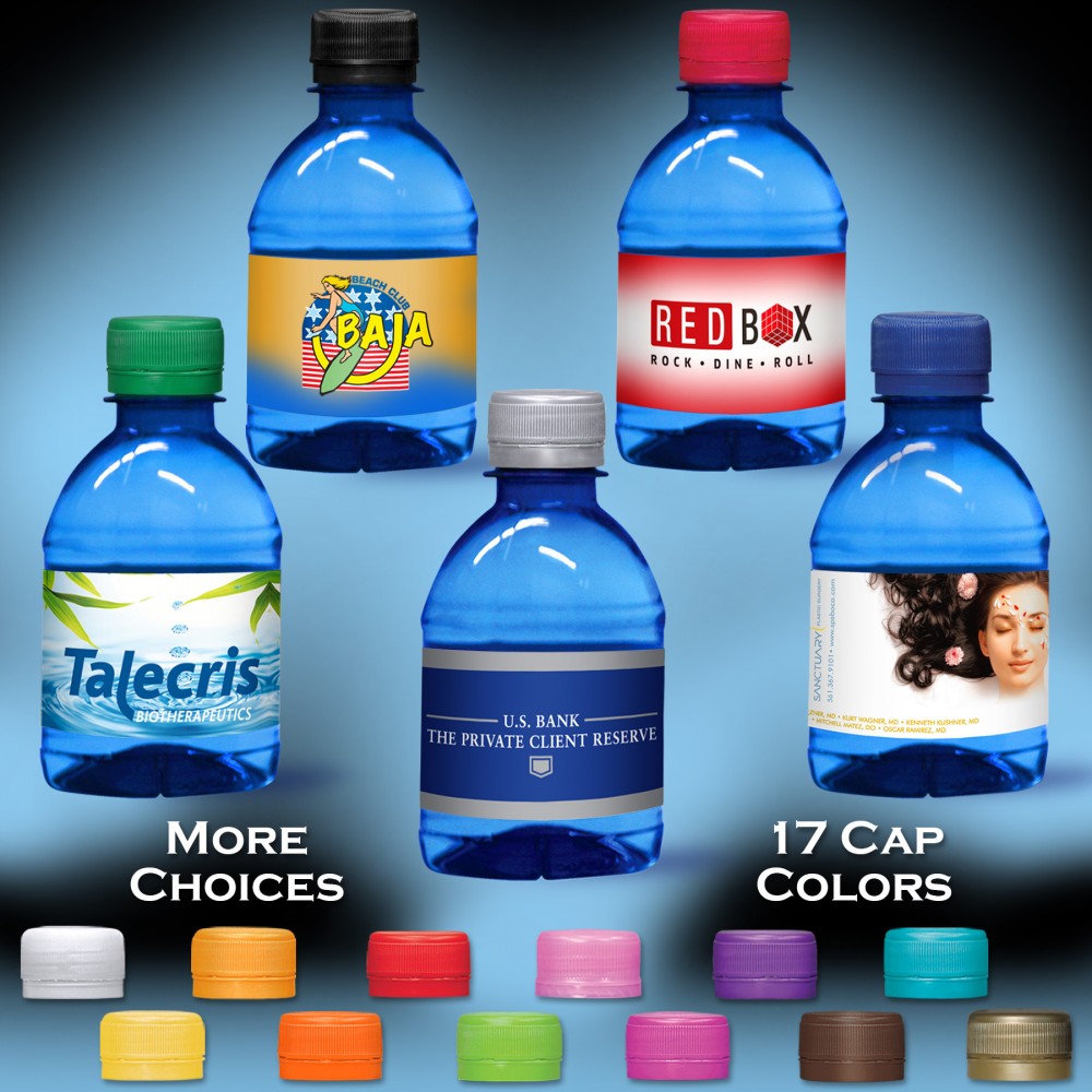 8 oz. Custom Label Water w/Flat Cap - Blue Tinted Bottle Custom Imprinted