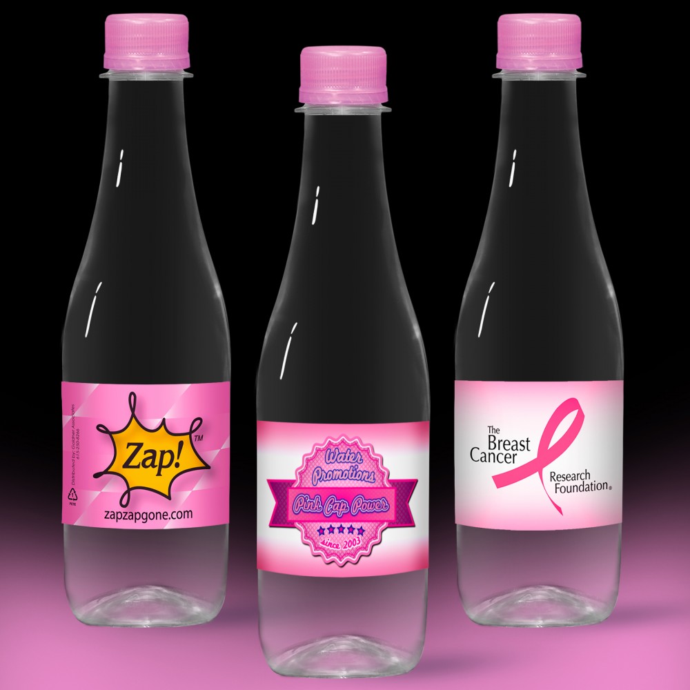Logo Branded 12 oz. Spring Water Full Color Label, Clear Glastic Bottle w/Pink Cap Logo Branded 12 oz. Spring Water Full Color Label, Clear Glastic Bottle w/Pink Cap