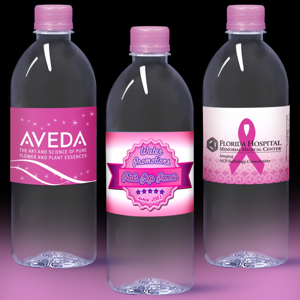 16.9 oz. Spring Water Full Color Label, Clear Bullet Bottle w/Pink Cap Custom Imprinted 16.9 oz. Spring Water Full Color Label, Clear Bullet Bottle w/Pink Cap Custom Imprinted
