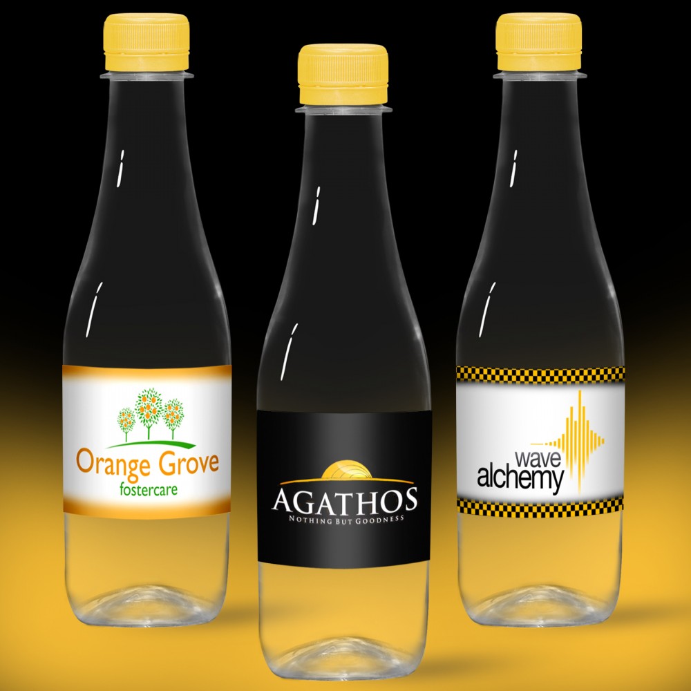 Promotional 12 oz. Spring Water, Clear Glastic Bottle w/ Yellow Cap Promotional 12 oz. Spring Water, Clear Glastic Bottle w/ Yellow Cap