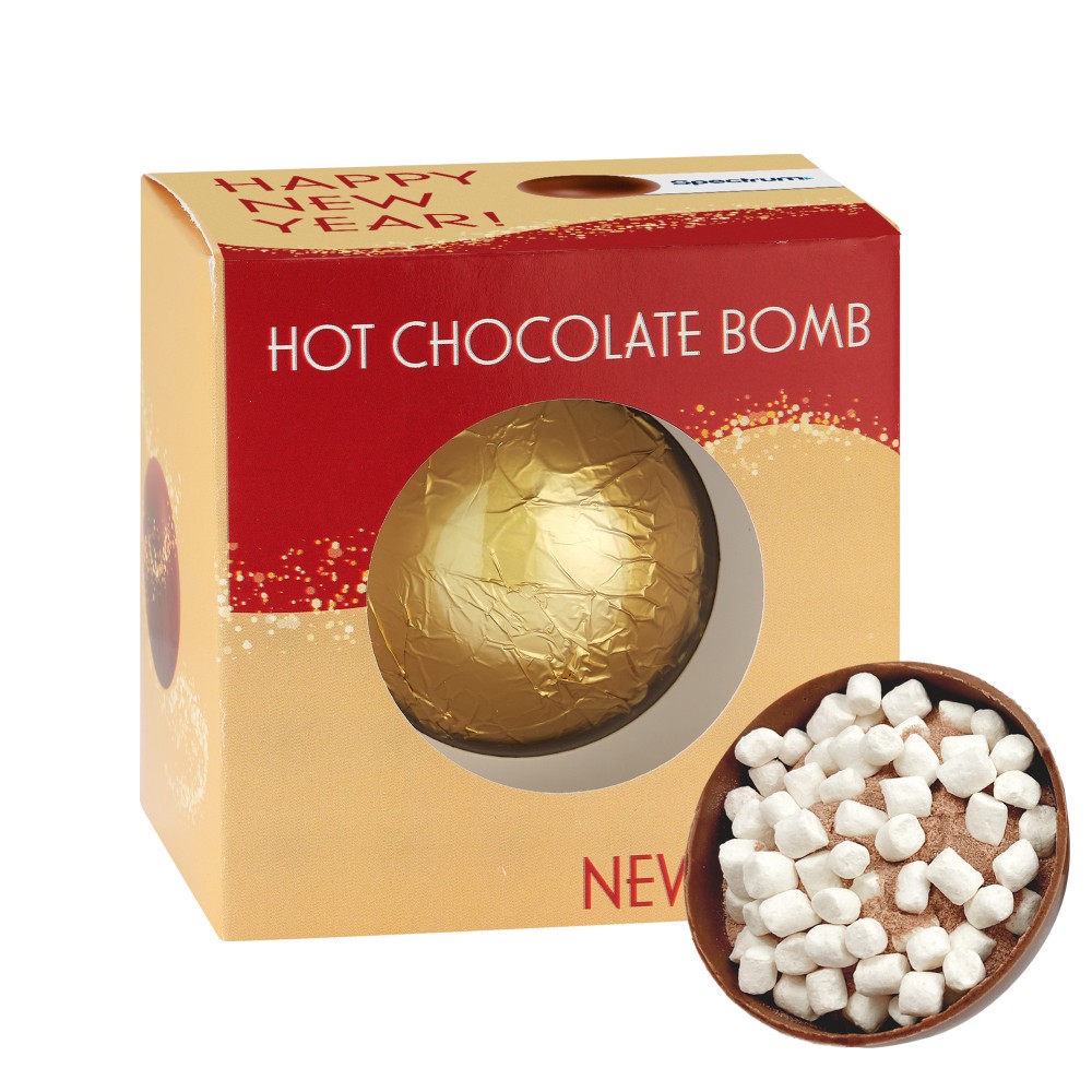 New Years Hot Chocolate Bomb in Window Box - Milk Chocolate with Logo New Years Hot Chocolate Bomb in Window Box - Milk Chocolate with Logo