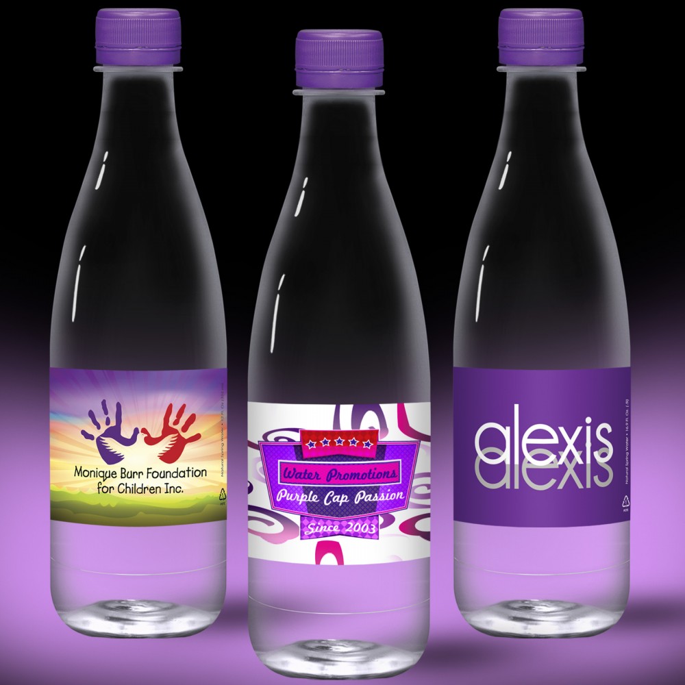 Custom Printed 16.9 oz. Spring Water Full Color Label, Clear Glastic Bottle w/Purple Cap Custom Printed 16.9 oz. Spring Water Full Color Label, Clear Glastic Bottle w/Purple Cap