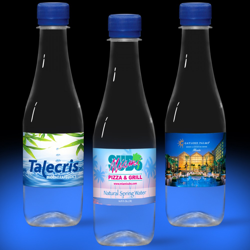 Custom Printed 12oz. Water Full Color Label, Clear Glastic Bottle w/Blue Cap