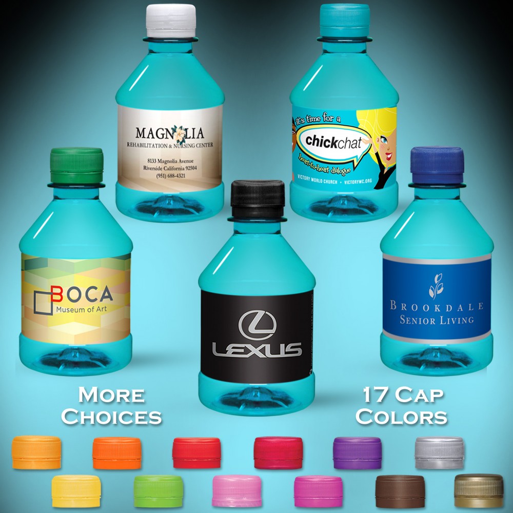 Promotional 8 oz. Custom Label Spring Water w/Flat Cap - Turquoise Tinted Bottle Promotional 8 oz. Custom Label Spring Water w/Flat Cap - Turquoise Tinted Bottle