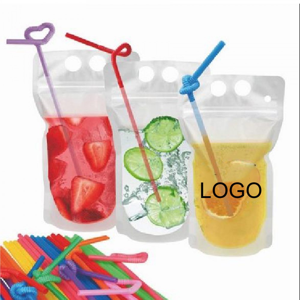 Custom Imprinted 16oz Hand-held Closable Zipper Drinking Pouches With Straw