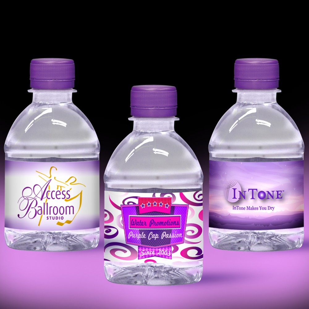 Promotional 8oz. Custom Label Water w/Purple Flat Cap - Clear Bottle