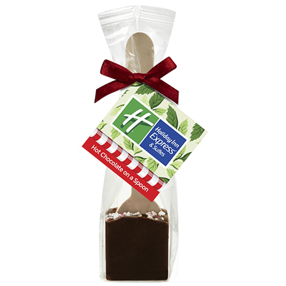 Logo Branded Hot Chocolate on a Spoon in Favor Bag - Dark Chocolate w/ Peppermint Bits
