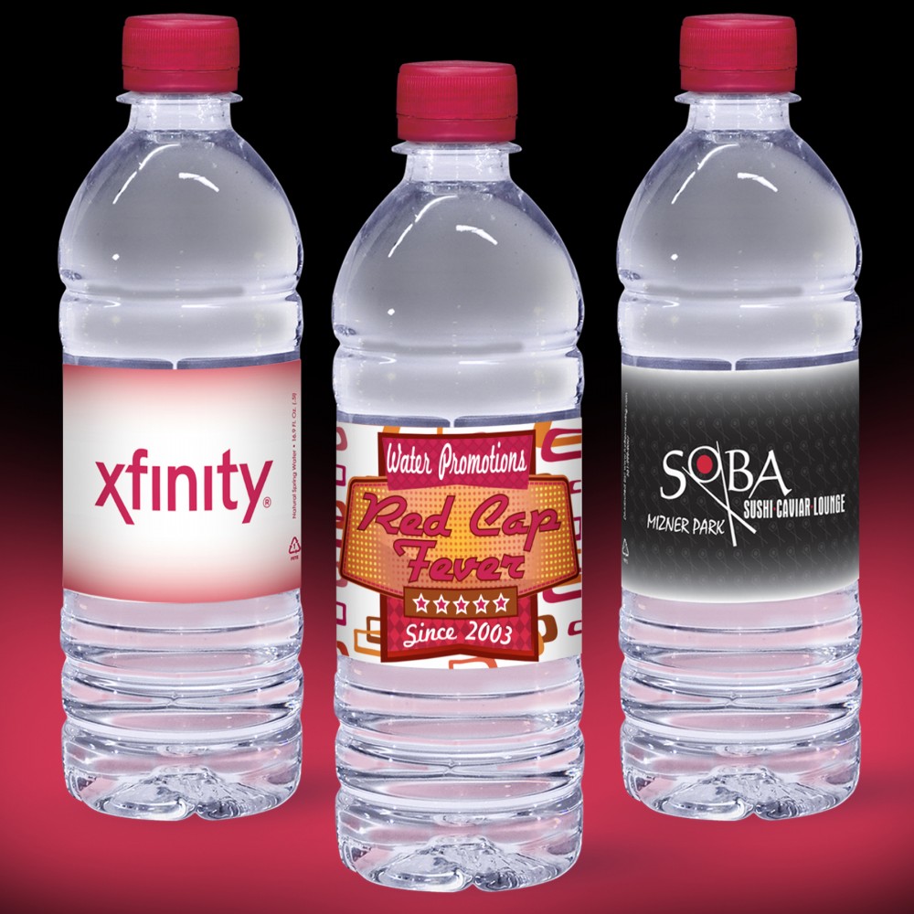 16.9 oz. Custom Label Spring Water w/ Ruby Red Flat Cap - Clear Bottle Custom Printed 16.9 oz. Custom Label Spring Water w/ Ruby Red Flat Cap - Clear Bottle Custom Printed
