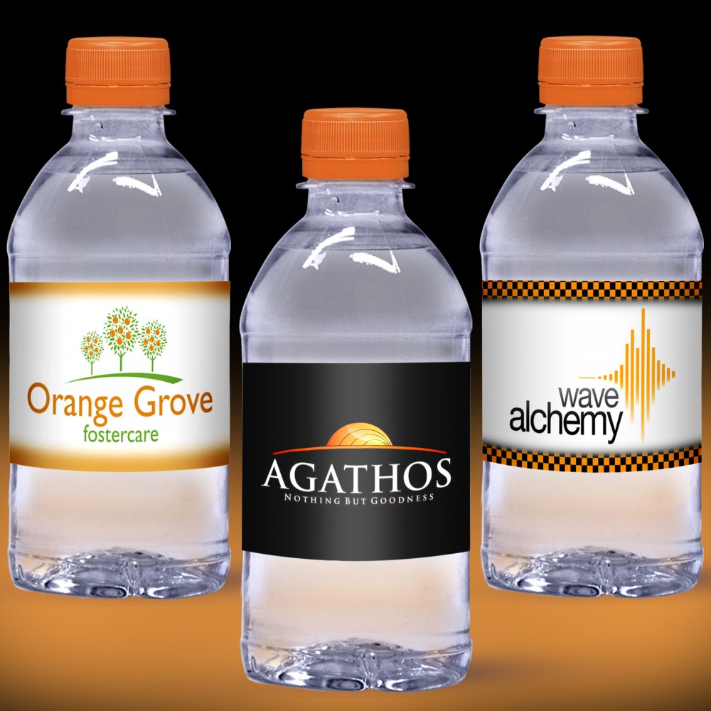 Logo Branded 12 oz. Custom Label Water w/Orange Flat Cap - Clear Bottle