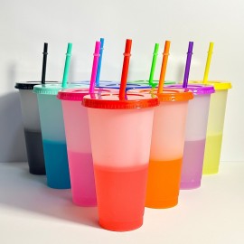 Personalized Summer Hot Selling 24oz PP Plastic Color Changing Cup Set with Straws