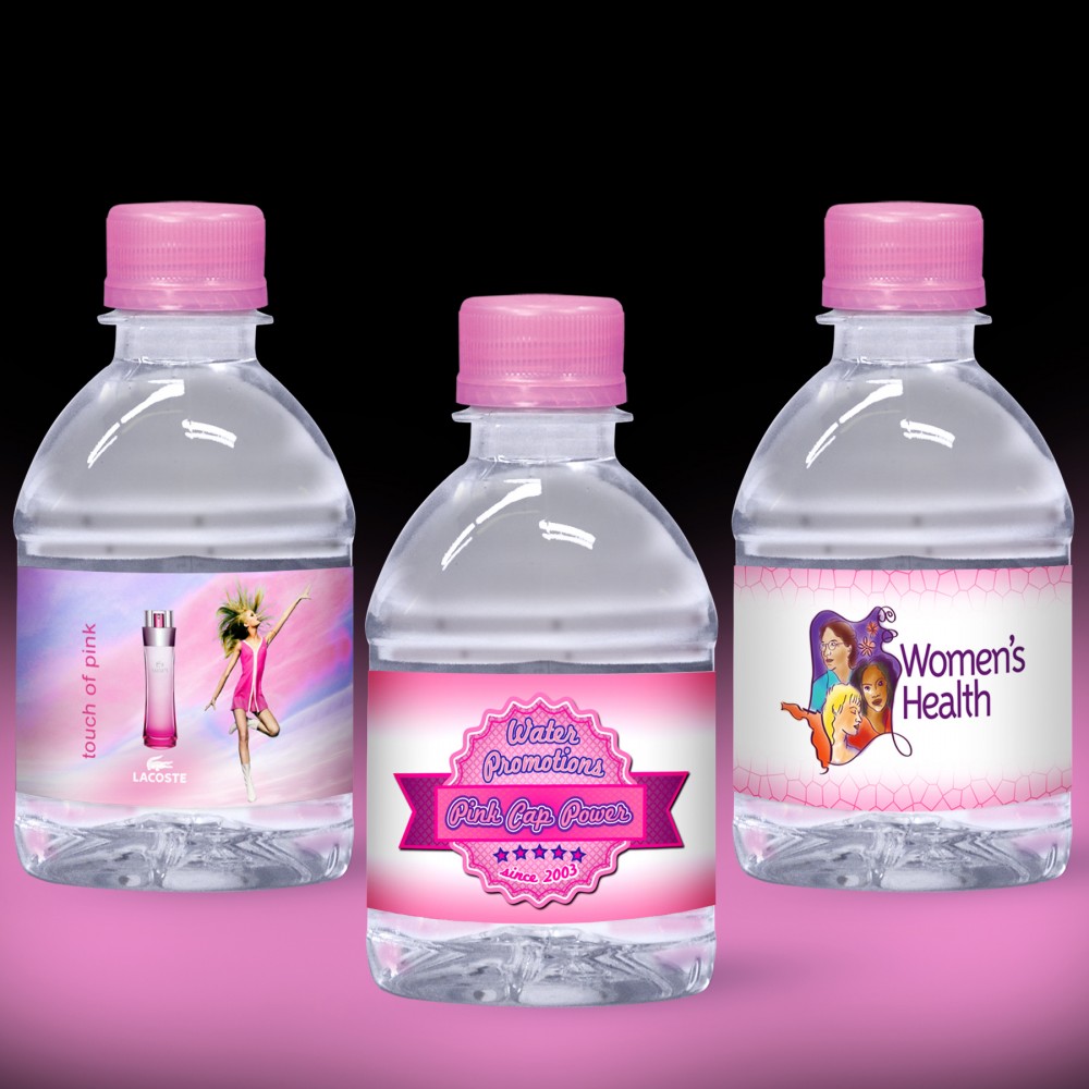 Custom Imprinted 8 oz. Custom Label Spring Water w/Pink Flat Cap - Clear Bottle Custom Imprinted 8 oz. Custom Label Spring Water w/Pink Flat Cap - Clear Bottle