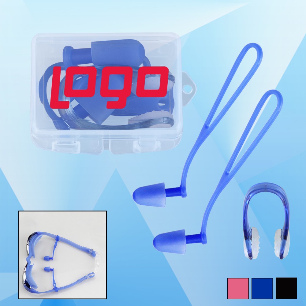 Earplugs in Case w/ Silicone String and Nose Clip with Logo