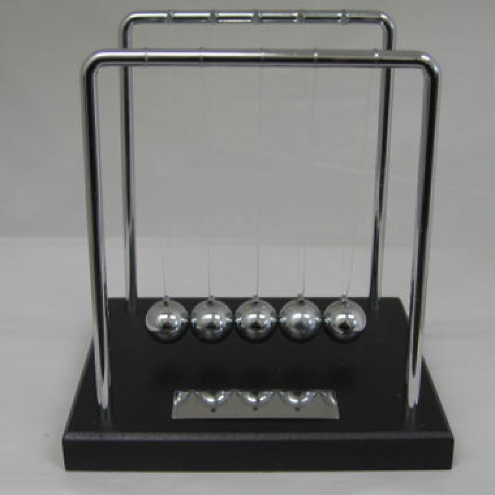 Promotional Jumbo Newtons Cradle with Black Wood Base and Silver Plate Promotional Jumbo Newtons Cradle with Black Wood Base and Silver Plate