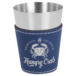 Logo Branded Stainless Steel 2 oz. Shot Glass w/Laserable Leatherette Cover - Blue/Silver