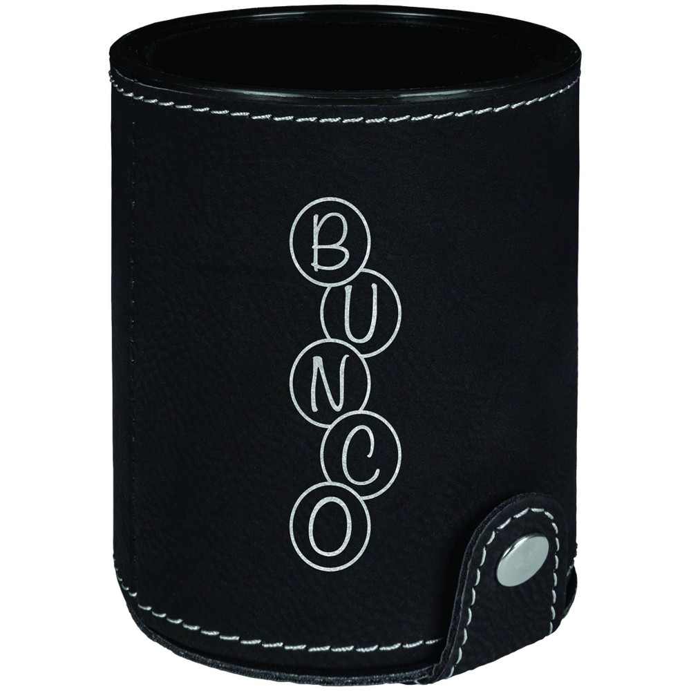 Custom Imprinted Black/Silver Leatherette Dice Cup w/ 5 Dice Custom Imprinted Black/Silver Leatherette Dice Cup w/ 5 Dice