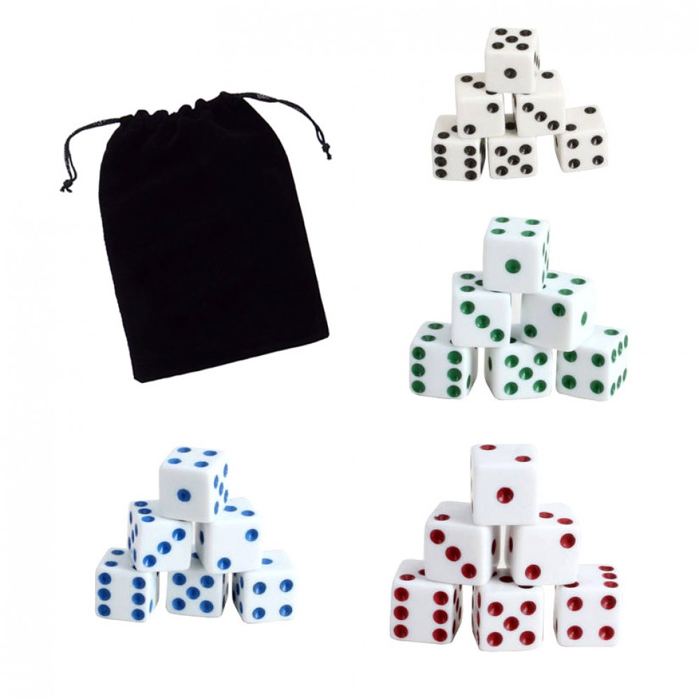 16MM White w/Color Pips Dice Sets (2 Dice in Velveteen Pouch) with Logo