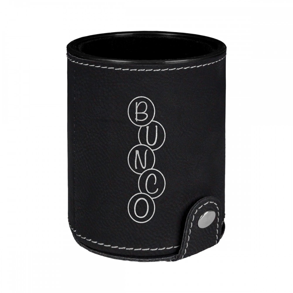 Promotional Black & Silver Leatherette Dice Cup w/ 5 Dice Promotional Black & Silver Leatherette Dice Cup w/ 5 Dice