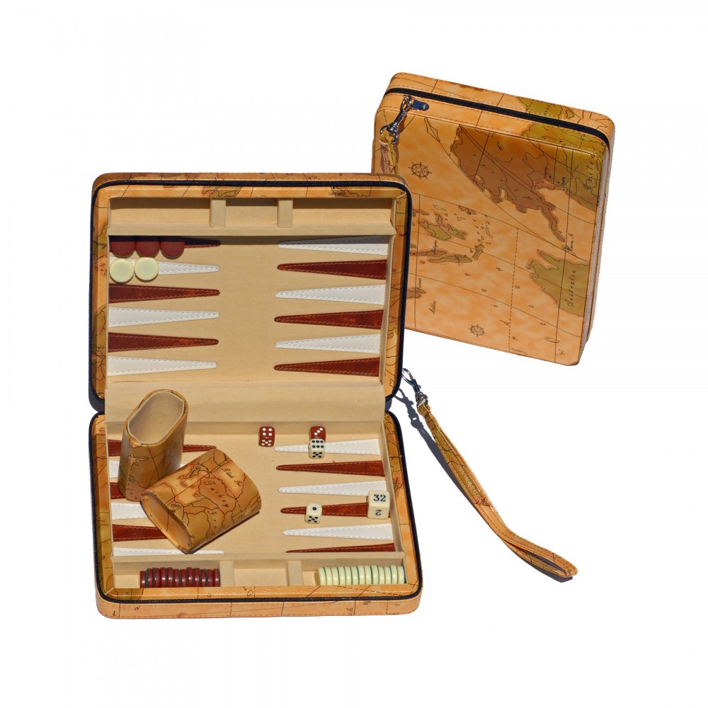 Promotional Tan Map Style Travel Backgammon Set Promotional Tan Map Style Travel Backgammon Set