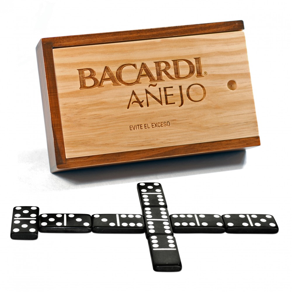 Logo Branded Double 6 Black Dominoes w/ White Dots in Wooden Case Logo Branded Double 6 Black Dominoes w/ White Dots in Wooden Case